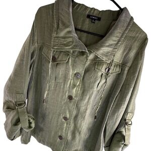 Elementz Utility Shacket Jacket Y2K Artsy Crinkle Roll Tab Sleeve Green XL